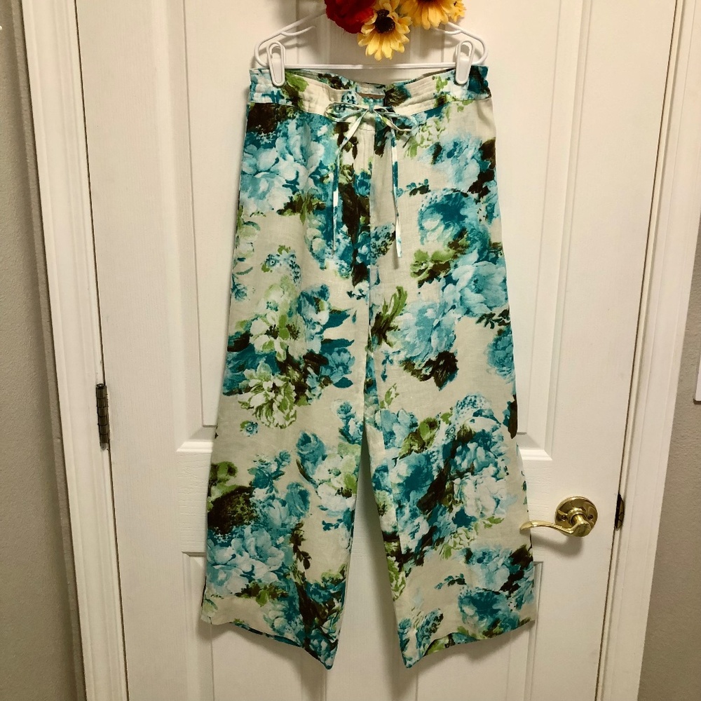 Turquoise Floral Linen Crop Pants